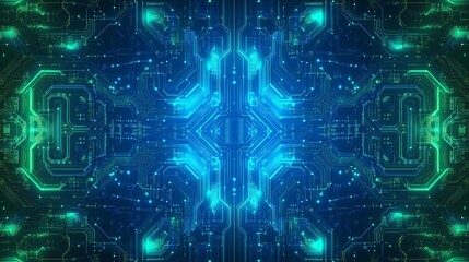 Obraz premium vibrant, abstract background representing the interconnected networks of technology, with glowing circuits and geometric patterns in shades of blue and green