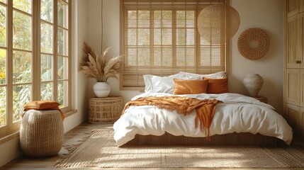 Sunlit bedroom with boho decor, natural materials, and large windows.