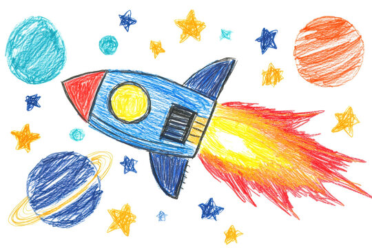 A fun childs drawing of a rocket ship blasting off with flames, stars, and planets around it, isolated on white background