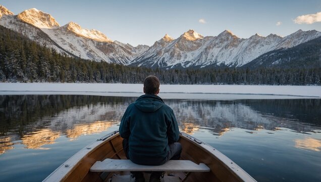 Rear view of man looking at snowy mountains while sitting on boat in mirror lake