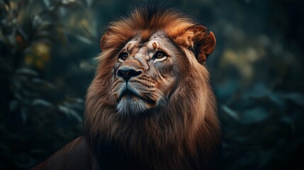 Lion is staring at the camera with its mouth open. The lion is in a forest with trees and bushes