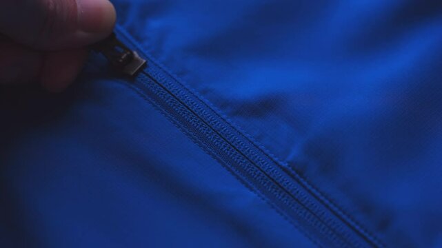 A man unzipping his blue jacket. Close up.