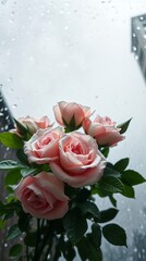 Fototapeta premium Soft Ivory Background with Blush Pink and White Roses and Green Leaves, Perfect for Romantic and Special Day Greetings