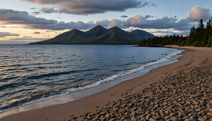 Plage au crépuscule devant des montagnes majestueuses
