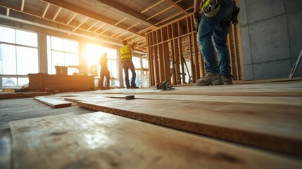 Obraz premium Construction Workers Installing Wooden Floor in New Building