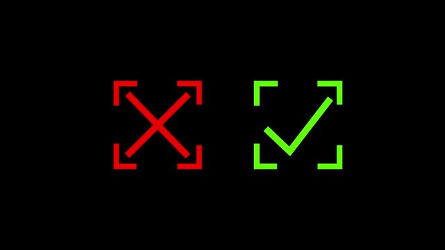 Animation of checks box red cross mark wrong and green check mark right on black background.
