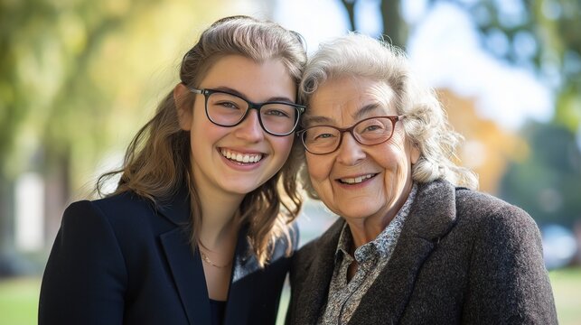 young and smilling home health aide assisting an elegant elderly person with daily activities