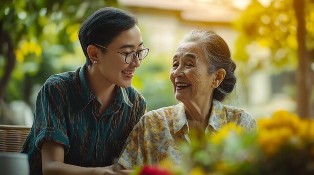 young and smilling home health aide assisting an elegant elderly person with daily activities