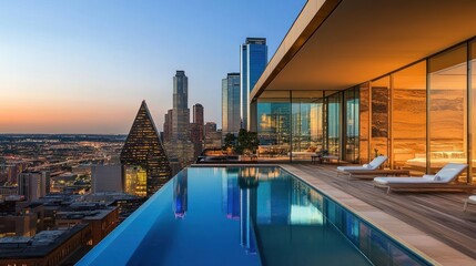 Obraz premium Rooftop infinity pool overlooking city skyline at sunset.