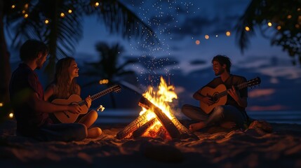 young couple beach bonfire party with friends playing guitar, toasting marshmallows, and laughing under the starry night sky