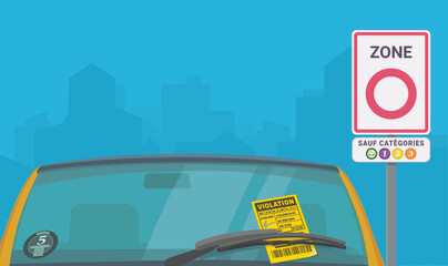 Contravention placé sur le pare-brise d'une voiture trop polluante pour être dans une zone à faible émission (ZFE)