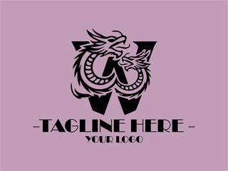 Black dragon creating letter W on lavender background. Suitable for fantasythemed designs, logos, or products related to mythical creatures or alphabets