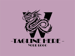 Black dragon creating letter W on lavender background. Suitable for fantasythemed designs, logos, or products related to mythical creatures or alphabets