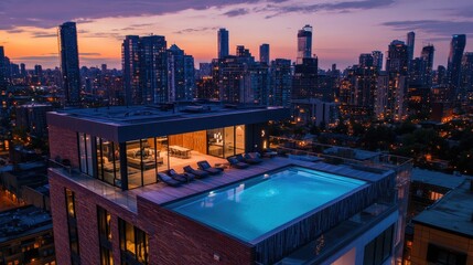 Rooftop infinity pool at dusk overlooking city skyline.