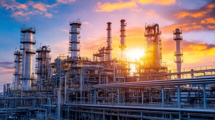 Fototapeta premium Massive Steel Structures at Sunset in Industrial Landscape