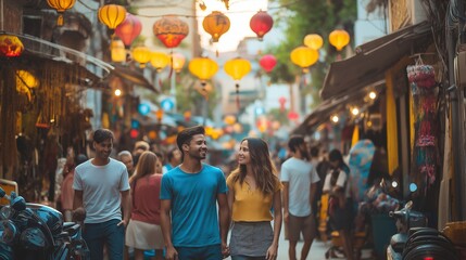 young couple in colorful, energetic street market with people shopping for handmade goods, tasting street food, and enjoying local culture