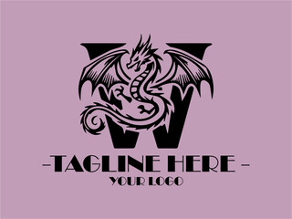 Black dragon creating letter W on lavender background. Suitable for fantasythemed designs, logos, or products related to mythical creatures or alphabets