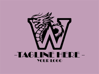 Black dragon creating letter W on lavender background. Suitable for fantasythemed designs, logos, or products related to mythical creatures or alphabets