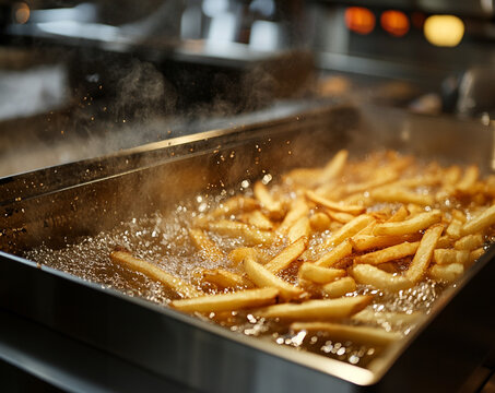 French fries cooking in hot bubbling oil in a restaurant deep fryer. 