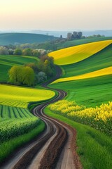 Fototapeta premium Winding Dirt Road Through Rolling Hills of Green and Gold Abstract Patterns in Agriculture