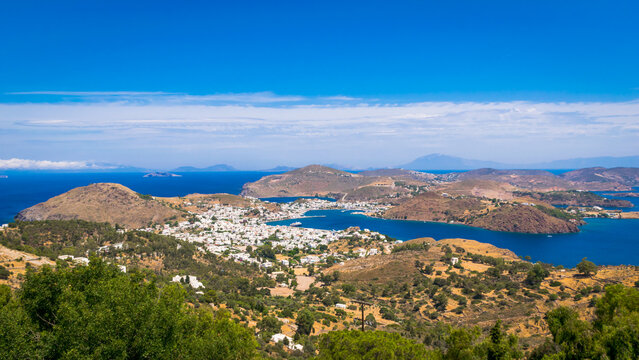 Fototapeta Panoramic view of Skala, capital village of Patmos island, Greece