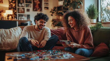 Fototapeta premium young couple playing board games, laughing, and sipping coffee, with soft lighting and comfy furniture