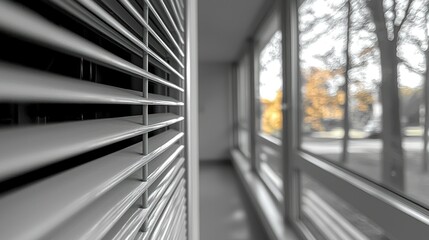 Obraz premium Close-up of window blinds with outdoor view.
