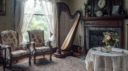 traditional irish parlor with harp