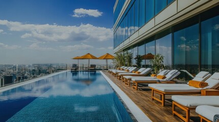 Naklejka premium Rooftop infinity pool with city view, luxury loungers, and parasols.