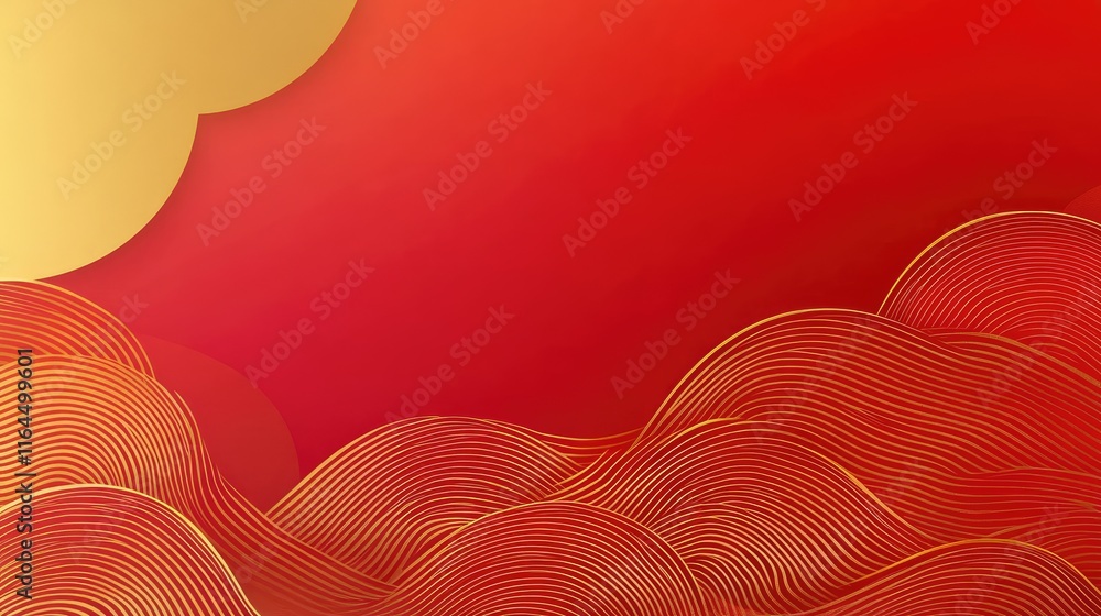 Poster minimalist lunar new year abstract theme with golden wave patterns and subtle red gradients.