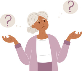 Choice concept. Elderly woman doubting about choosing path, method, decision making thinking about problem. Dilemma of choice. Doubt, feeling uncertain concept