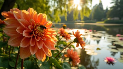 Vibrant Orange Dahlias in Point Defiance Rose Garden, Lakeside Blooms at Golden Hour © Mokles