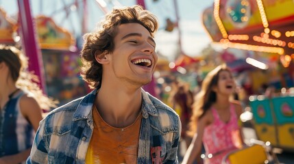 Obraz premium young man and friends, colorful, vibrant carnival with rides, games, and performers