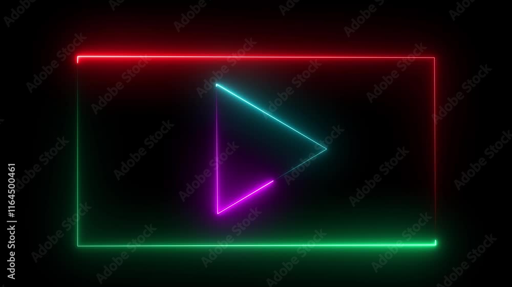 Poster glowing neon play icon and media player button icon animation. glowing neon red blue color music pla