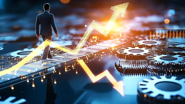 Businessman walking on gear bridge towards success arrow, illustrating career growth, strategic planning, professional achievement, business vision and goal-oriented progress.