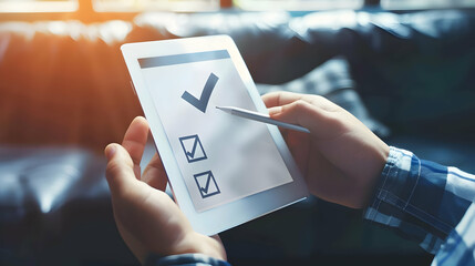 hand pushing a button on a tablet