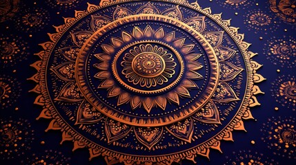 Fototapeta premium A detailed mandala design with intricate patterns in gold and deep blue tones.