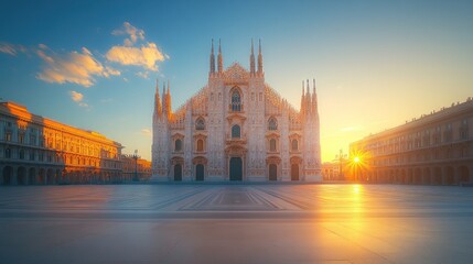 Majestic cathedral at sunrise, city square.