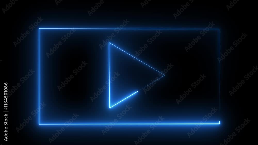Poster glowing neon play icon and media player button icon animation. glowing neon red blue color music pla