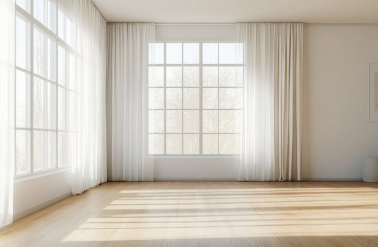 A large room with a window and white curtains. The curtains are open, letting in sunlight. The room is empty and has a wooden floor