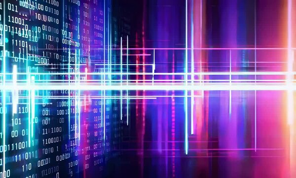 Digital Grunge Background with Data, Binary Code, and Glowing Neon Lights