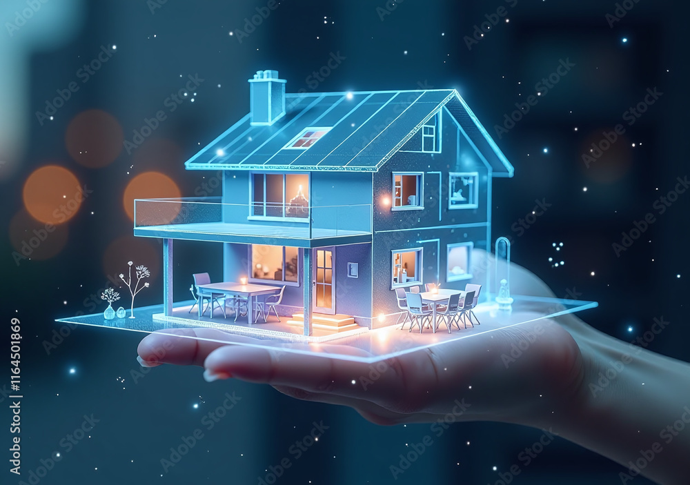 Poster digital representation smart home holographic form exists futuristic technological concept
