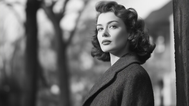 1940s black-and-white photo of a woman in a classic coat, strong contrasts
