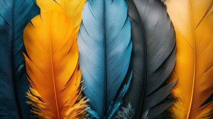 Colorful feathers background, yellow, blue, gray.