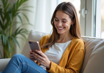 happy woman sits comfortably couch smartphone