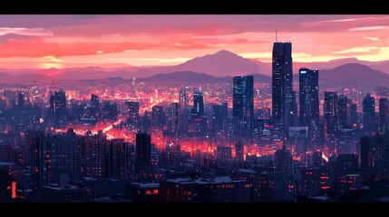 Twilight Cityscape with Distant Mountains and Soft Hues