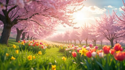 Obraz premium Idyllic Spring Orchard, Blooming Cherry Trees, Tulips, and Daffodils in Sunlight