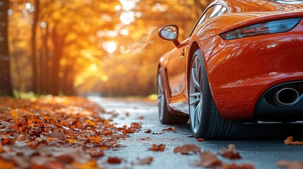 Red sports car parked on autumn road.