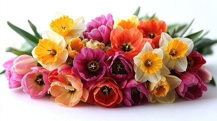 Colorful bouquet of tulips and daffodils.