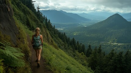 Fototapeta premium young woman hiking up a mountain trail, surrounded by lush green forests and dramatic views of the landscape